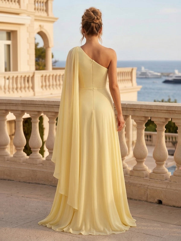 Chiffon A Line One Shoulder Pleats Ruffles Formal Dresses