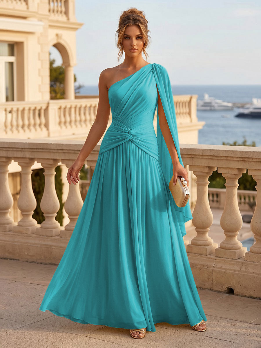 Chiffon A Line One Shoulder Pleats Ruffles Formal Dresses