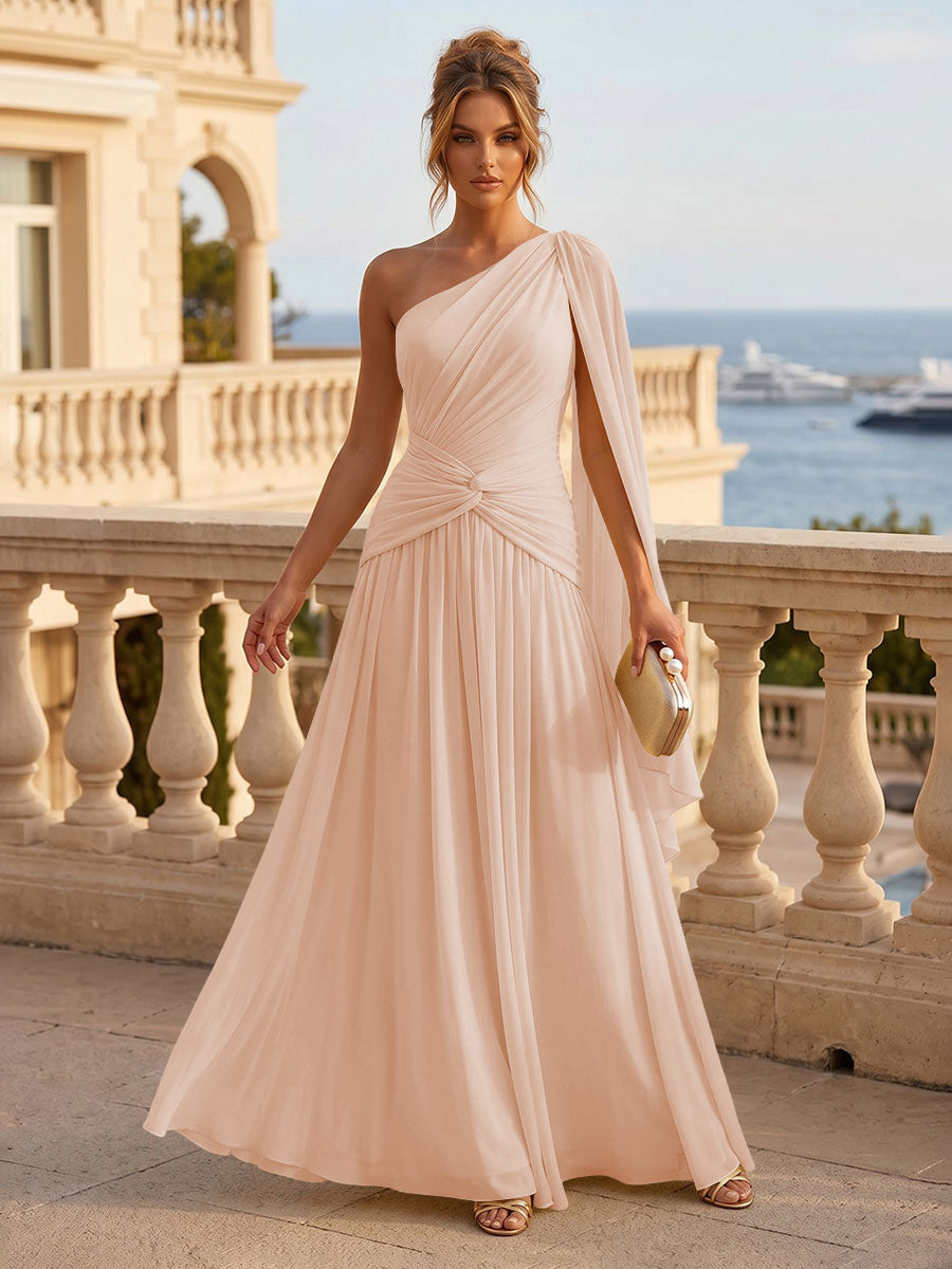 Chiffon A Line One Shoulder Pleats Ruffles Formal Dresses