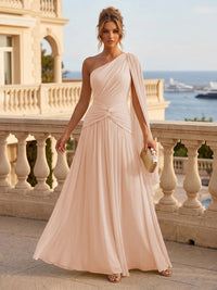 Chiffon A Line One Shoulder Pleats Ruffles Formal Dresses
