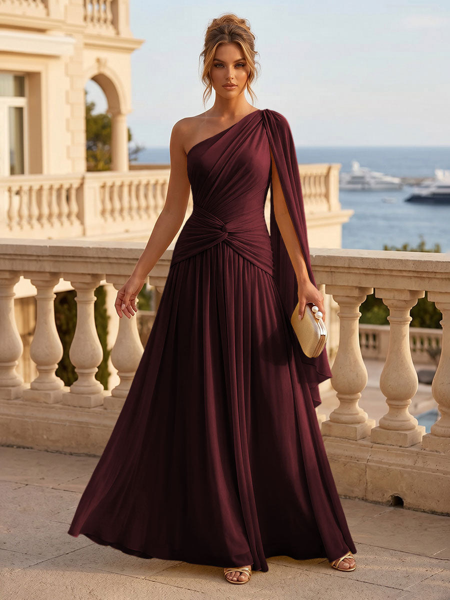 Chiffon A Line One Shoulder Pleats Ruffles Formal Dresses