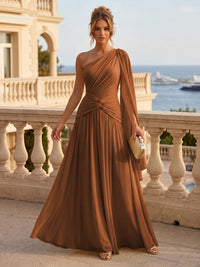 Chiffon A Line One Shoulder Pleats Ruffles Formal Dresses