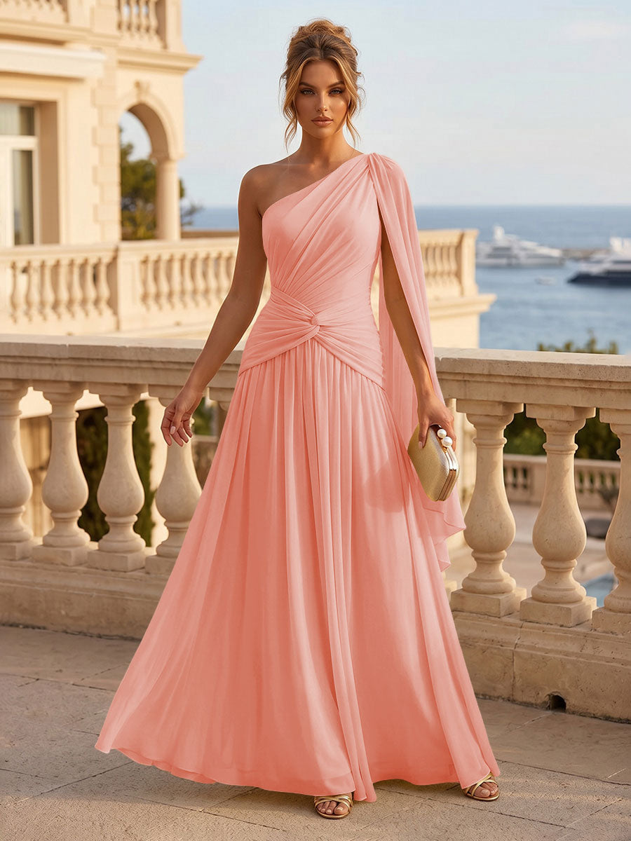 Chiffon A Line One Shoulder Pleats Ruffles Formal Dresses