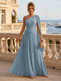 Chiffon A Line One Shoulder Pleats Ruffles Formal Dresses