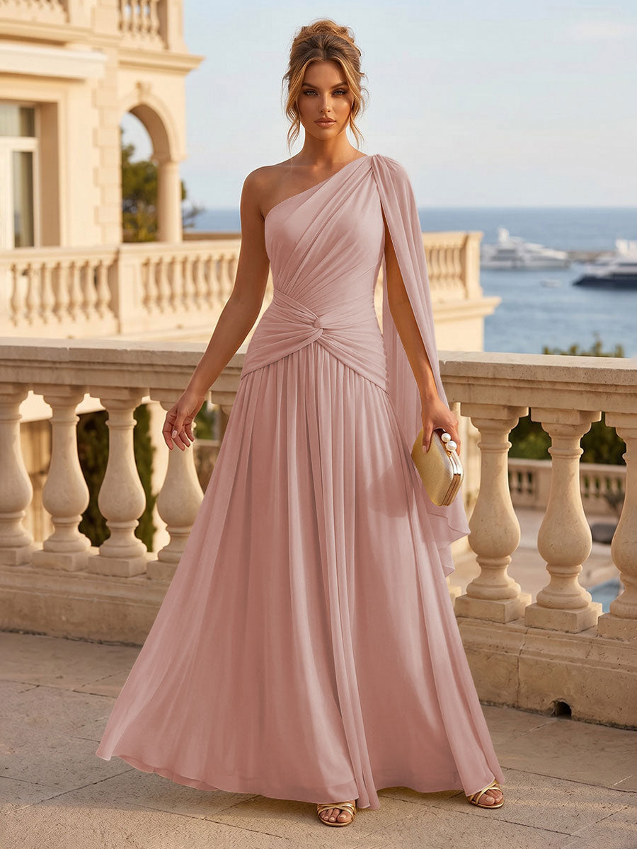 Chiffon A Line One Shoulder Pleats Ruffles Formal Dresses