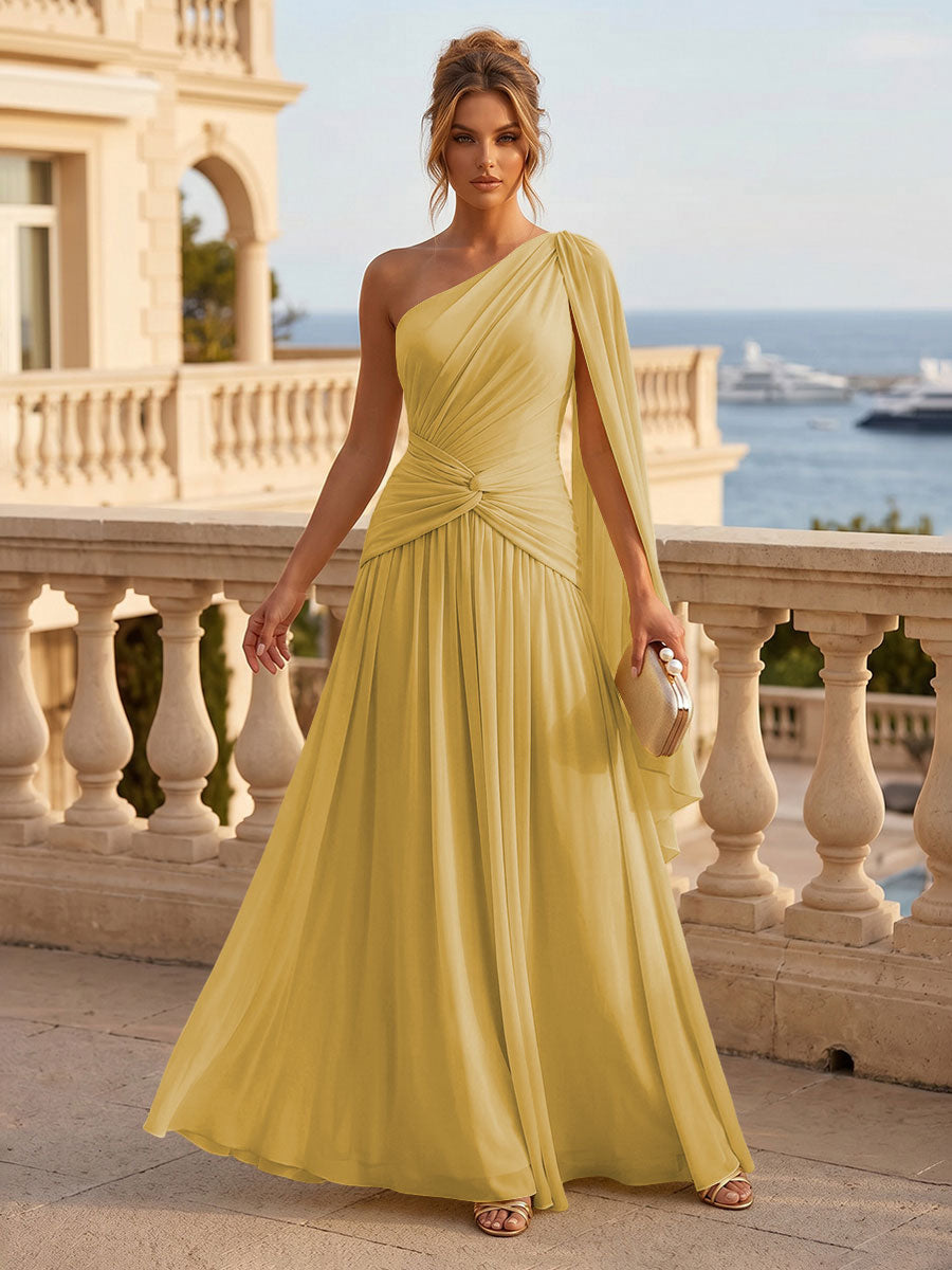 Chiffon A Line One Shoulder Pleats Ruffles Formal Dresses