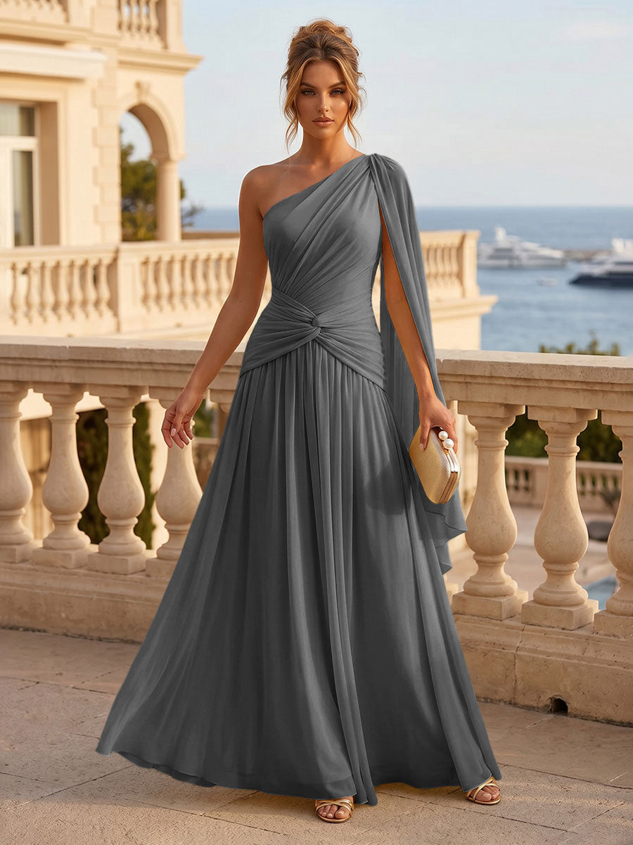 Chiffon A Line One Shoulder Pleats Ruffles Formal Dresses