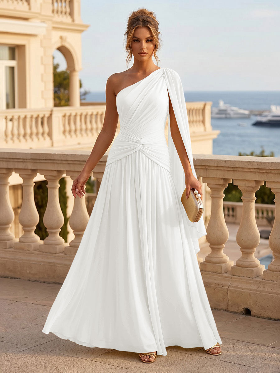 Chiffon A Line One Shoulder Pleats Ruffles Formal Dresses
