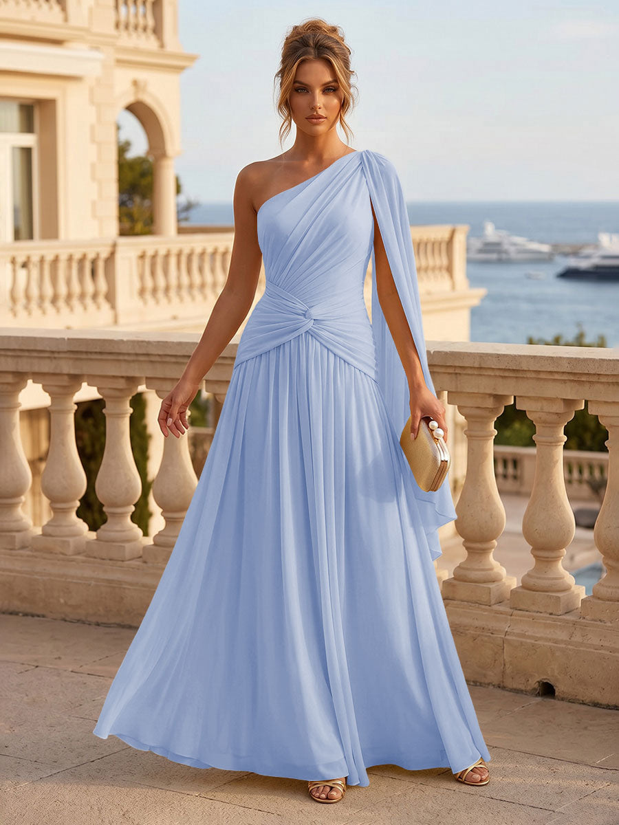 Chiffon A Line One Shoulder Pleats Ruffles Formal Dresses