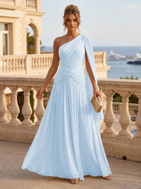 Chiffon A Line One Shoulder Pleats Ruffles Formal Dresses