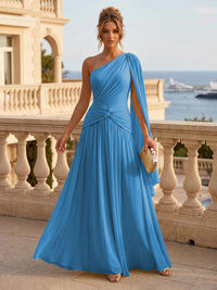 Chiffon A Line One Shoulder Pleats Ruffles Formal Dresses