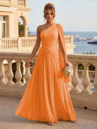 Chiffon A Line One Shoulder Pleats Ruffles Formal Dresses