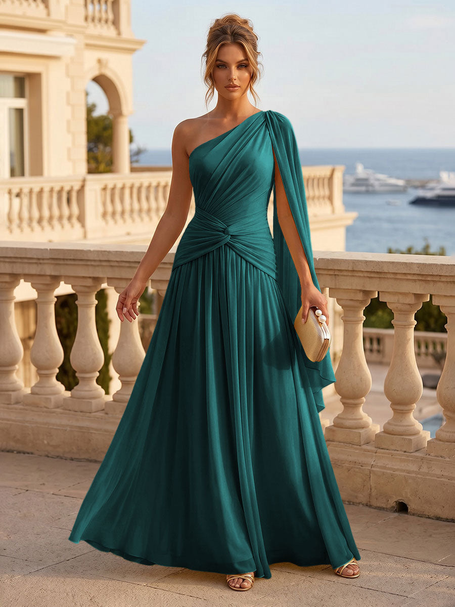 Chiffon A Line One Shoulder Pleats Ruffles Formal Dresses