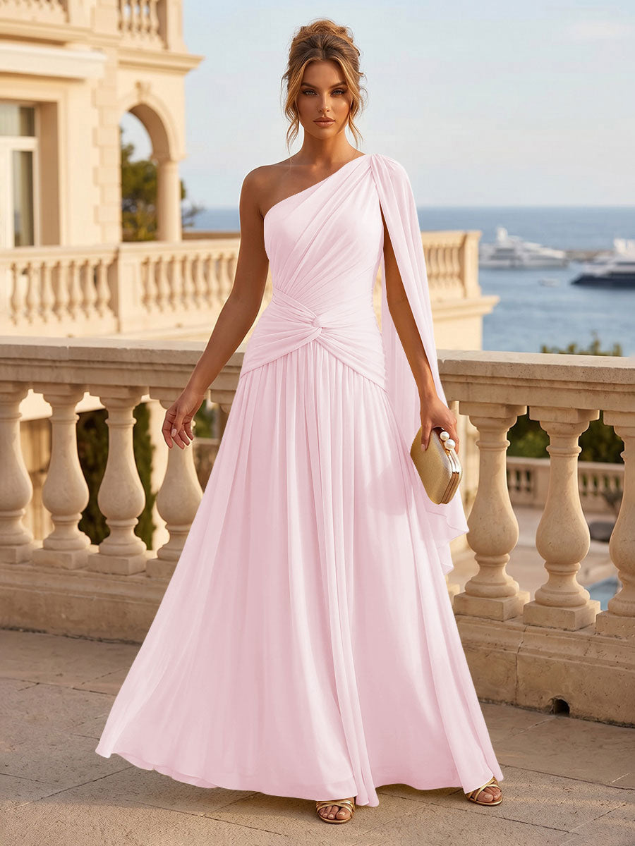 Chiffon A Line One Shoulder Pleats Ruffles Formal Dresses