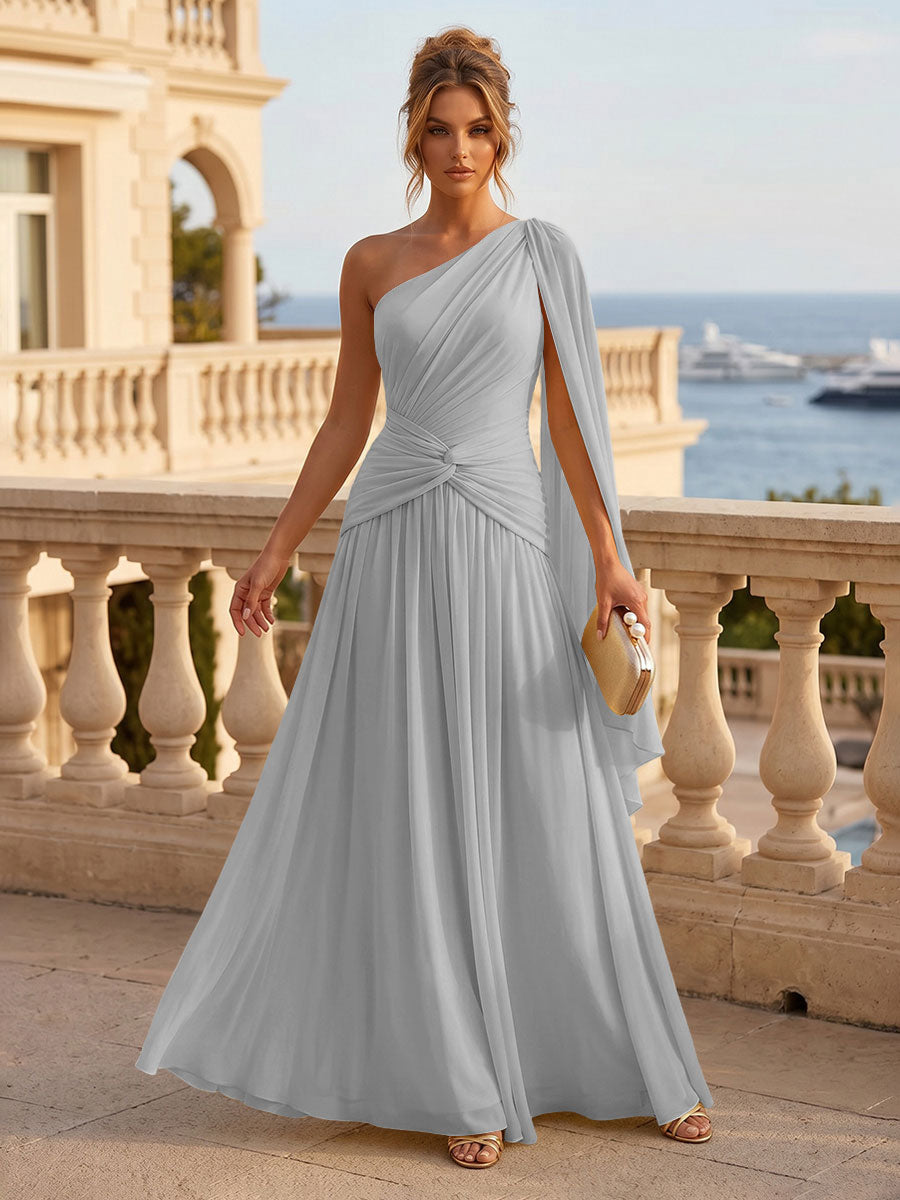 Chiffon A Line One Shoulder Pleats Ruffles Formal Dresses