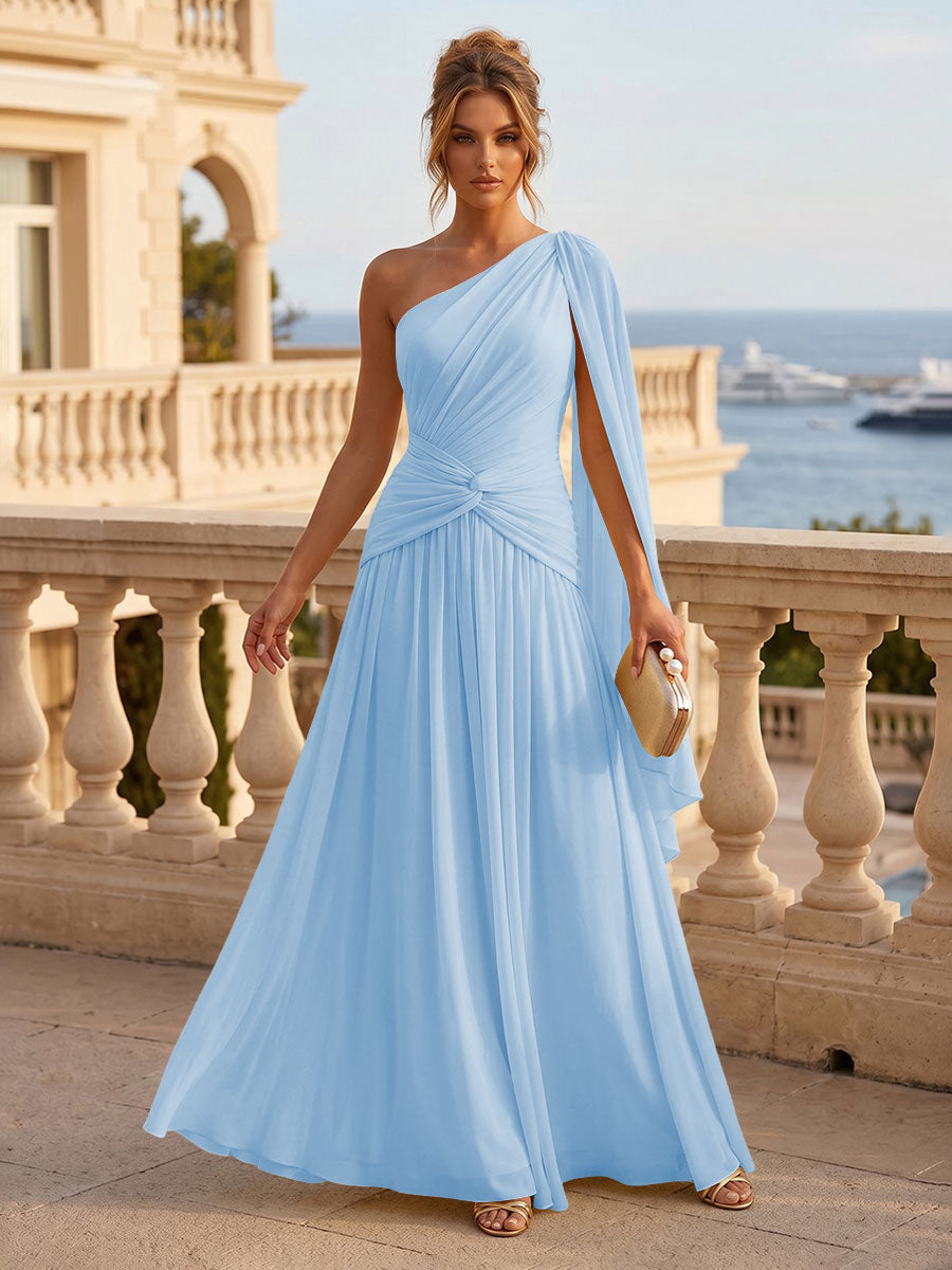 Chiffon A Line One Shoulder Pleats Ruffles Formal Dresses