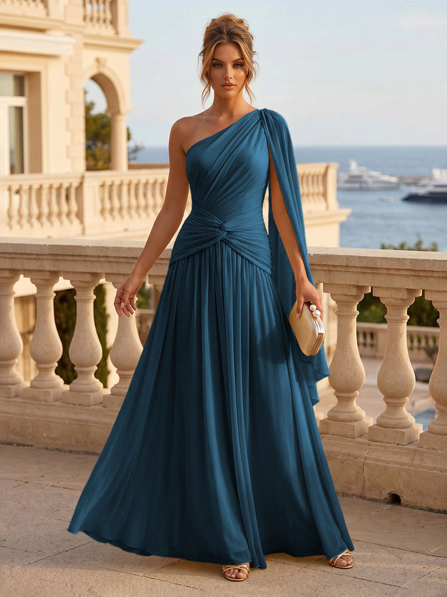Chiffon A Line One Shoulder Pleats Ruffles Formal Dresses