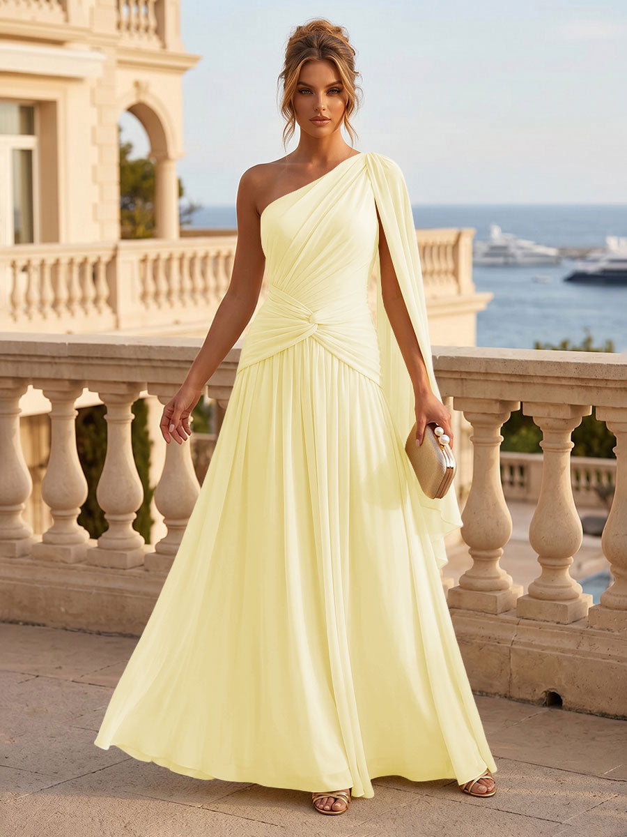 Chiffon A Line One Shoulder Pleats Ruffles Formal Dresses