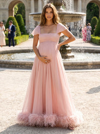 Chiffon A Line Square Neck Pleats Ruched Formal Dresses with Feature Trim