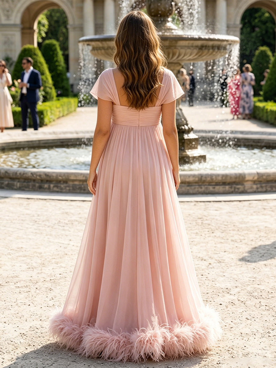 Chiffon A Line Square Neck Pleats Ruched Formal Dresses with Feature Trim