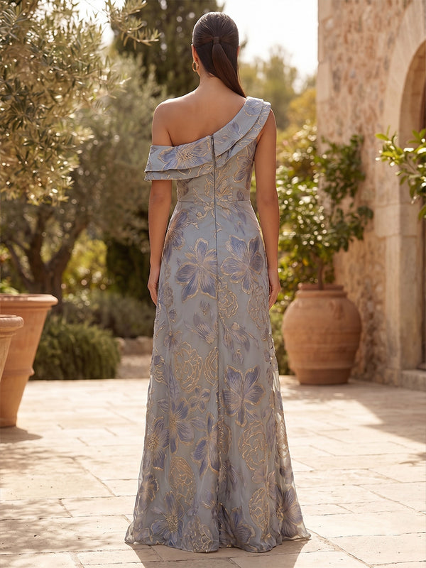 Jacquard A Line One Shoulder Ruffles Ruched Formal Dresses with Slit