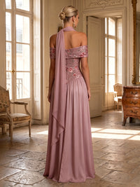Satin Mermaid Off the Shoulder Pleats Side Slit Formal Dresses with Scarf