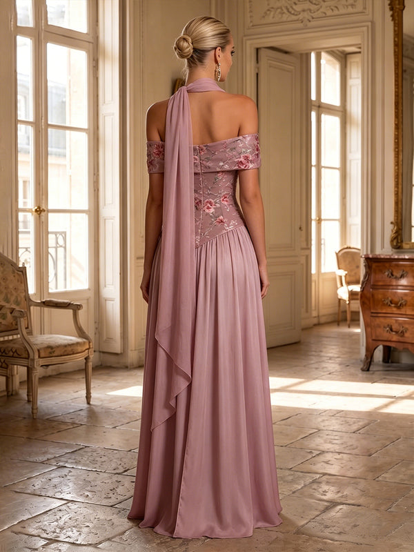 Satin Mermaid Off the Shoulder Pleats Side Slit Formal Dresses with Scarf