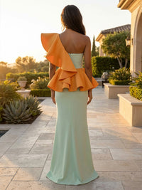 Stretch Mesh Mermaid One Shoulder Ruffles Corset Formal Dresses with Slit