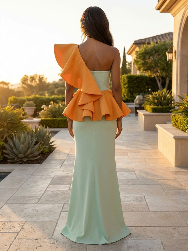 Stretch Mesh Mermaid One Shoulder Ruffles Corset Formal Dresses with Slit