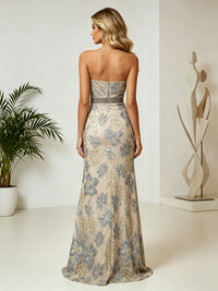 Jacquard Sheath/Column Strapless Floor-Length Formal Dresses with Ruched Waist & Slit