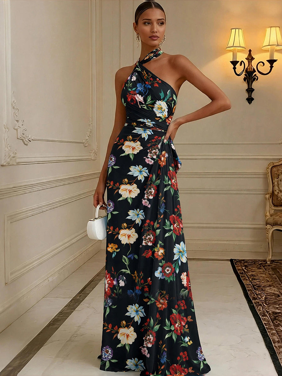 Floral Print A-Line/Princess Halter Floor-Length Formal Dresses with Ruched Waist