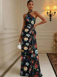 Floral Print A-Line/Princess Halter Floor-Length Formal Dresses with Ruched Waist