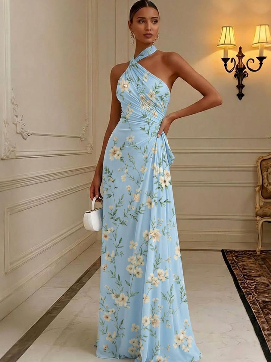 Floral Print A-Line/Princess Halter Floor-Length Formal Dresses with Ruched Waist