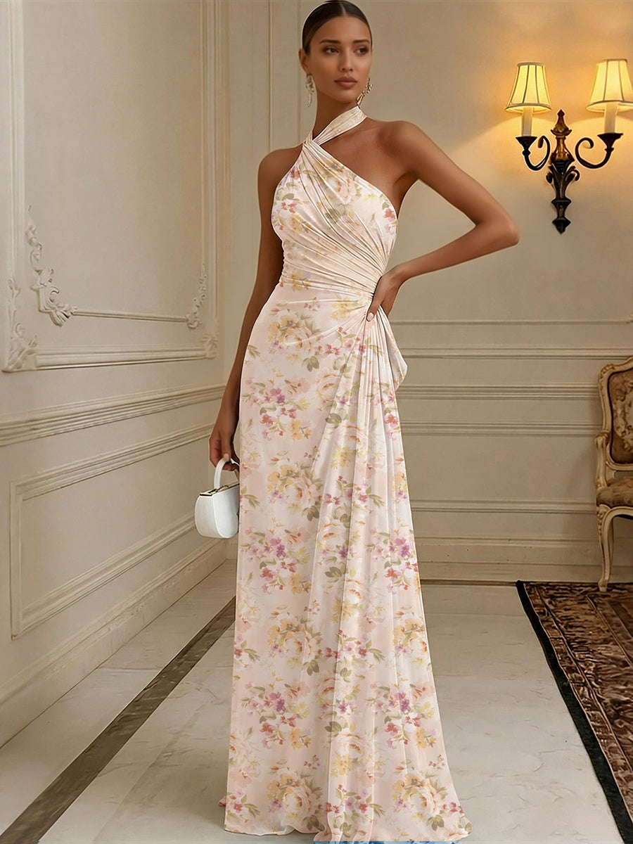 Floral Print A-Line/Princess Halter Floor-Length Formal Dresses with Ruched Waist