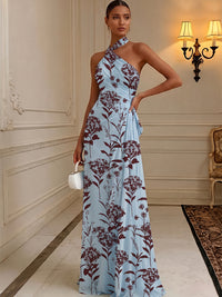 Floral Print A-Line/Princess Halter Floor-Length Formal Dresses with Ruched Waist
