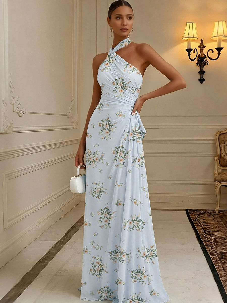 Floral Print A-Line/Princess Halter Floor-Length Formal Dresses with Ruched Waist