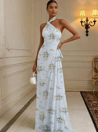 Floral Print A-Line/Princess Halter Floor-Length Formal Dresses with Ruched Waist