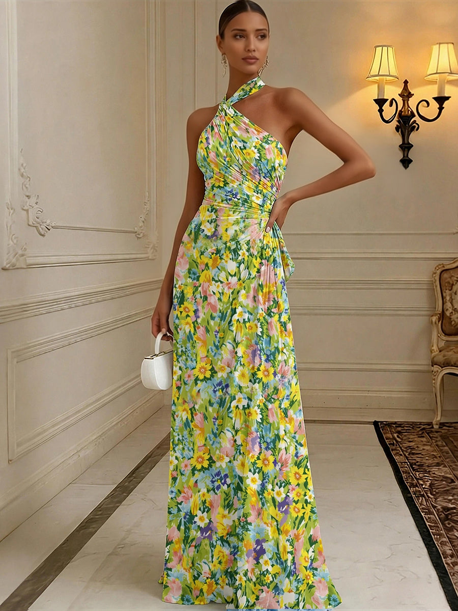 Floral Print A-Line/Princess Halter Floor-Length Formal Dresses with Ruched Waist
