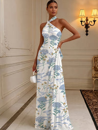Floral Print A-Line/Princess Halter Floor-Length Formal Dresses with Ruched Waist
