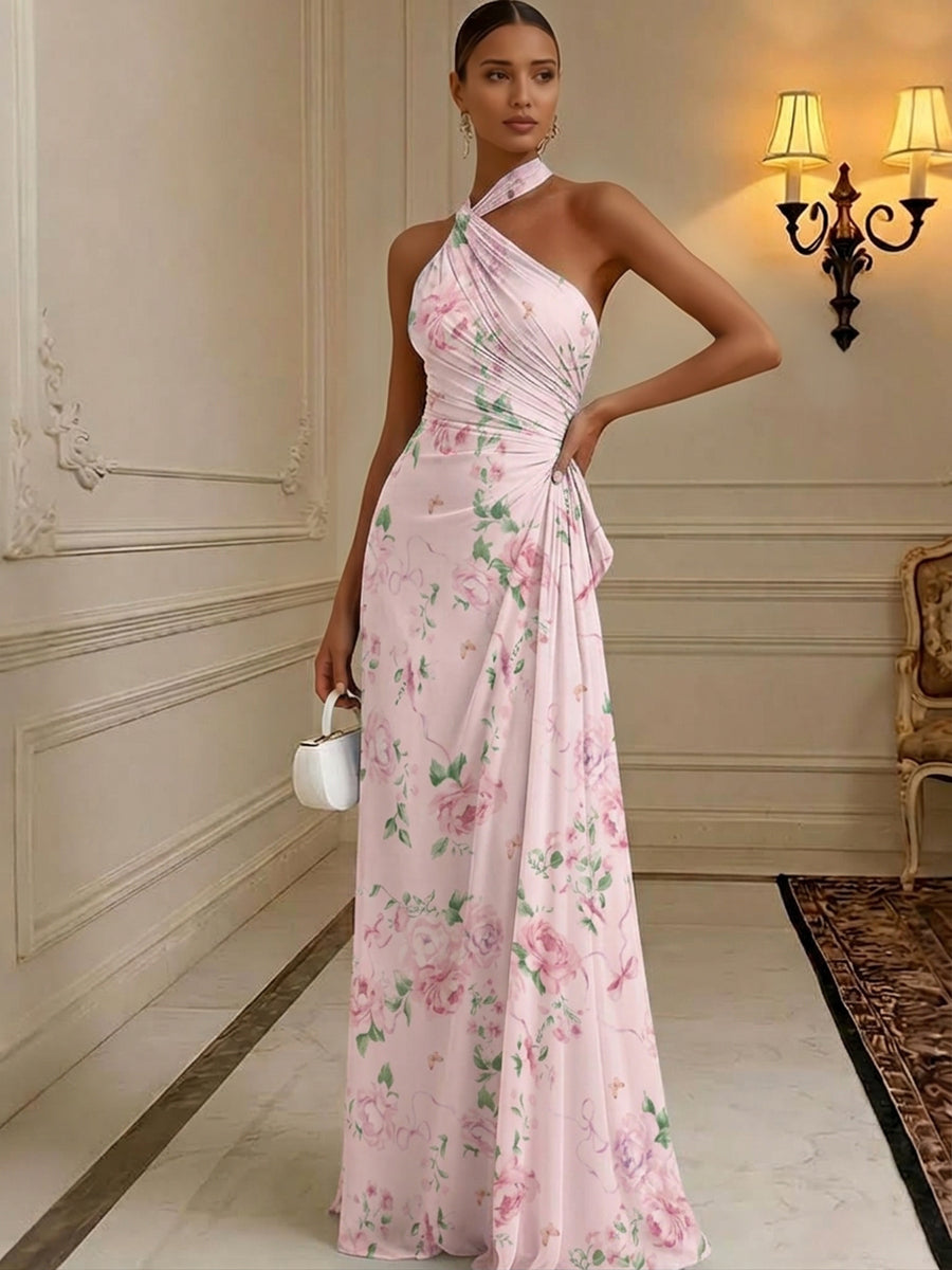 Floral Print A-Line/Princess Halter Floor-Length Formal Dresses with Ruched Waist