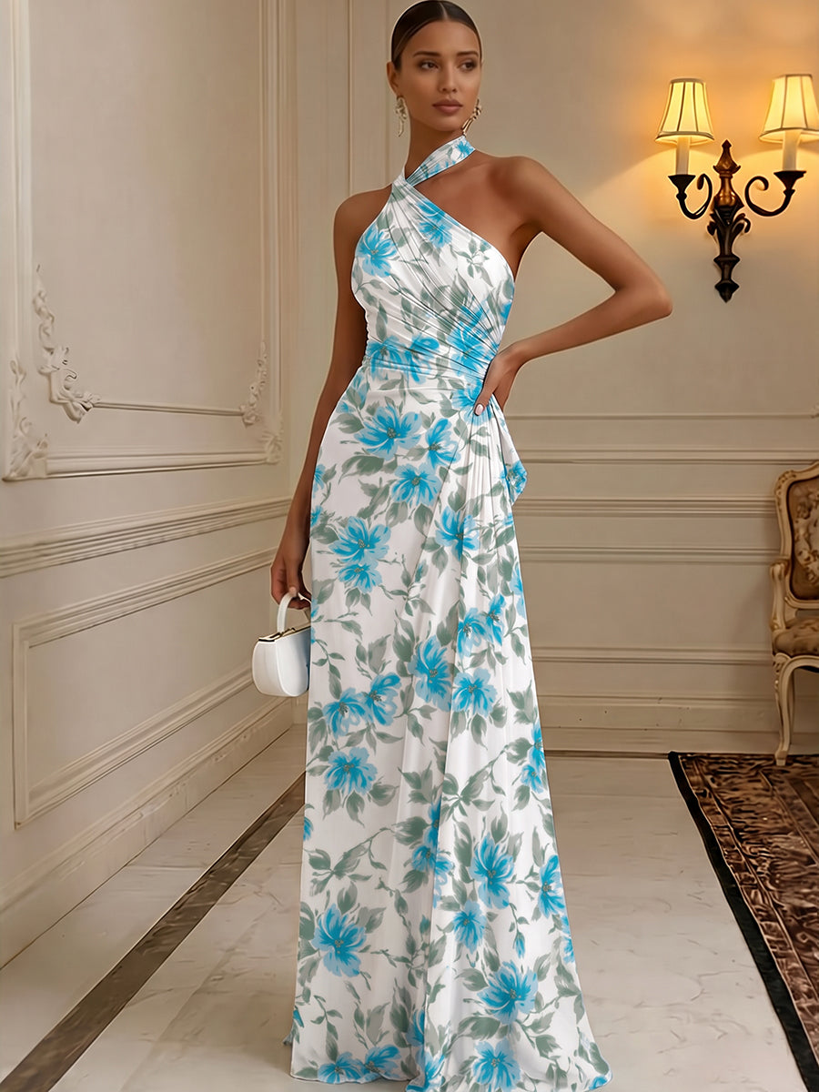 Floral Print A-Line/Princess Halter Floor-Length Formal Dresses with Ruched Waist