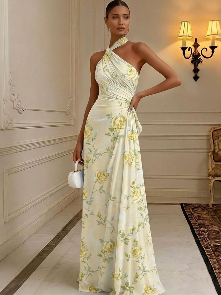 Floral Print A-Line/Princess Halter Floor-Length Formal Dresses with Ruched Waist