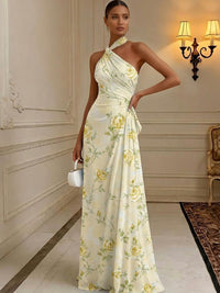 Floral Print A-Line/Princess Halter Floor-Length Formal Dresses with Ruched Waist