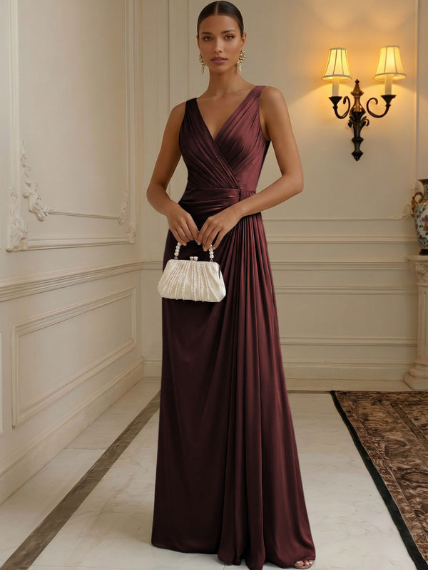 Chiffon A-Line/Princess V-Neck Floor-Length Formal Dresses with Ruched Waist
