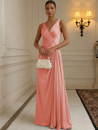 Chiffon A-Line/Princess V-Neck Floor-Length Formal Dresses with Ruched Waist