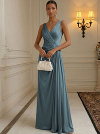 Chiffon A-Line/Princess V-Neck Floor-Length Formal Dresses with Ruched Waist