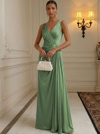 Chiffon A-Line/Princess V-Neck Floor-Length Formal Dresses with Ruched Waist