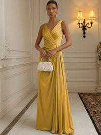 Chiffon A-Line/Princess V-Neck Floor-Length Formal Dresses with Ruched Waist