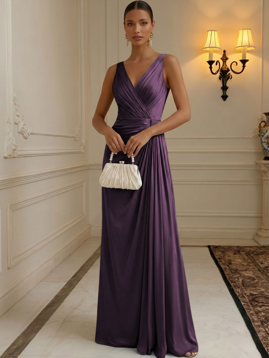 Chiffon A-Line/Princess V-Neck Floor-Length Formal Dresses with Ruched Waist