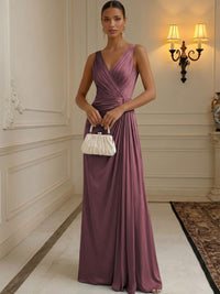 Chiffon A-Line/Princess V-Neck Floor-Length Formal Dresses with Ruched Waist